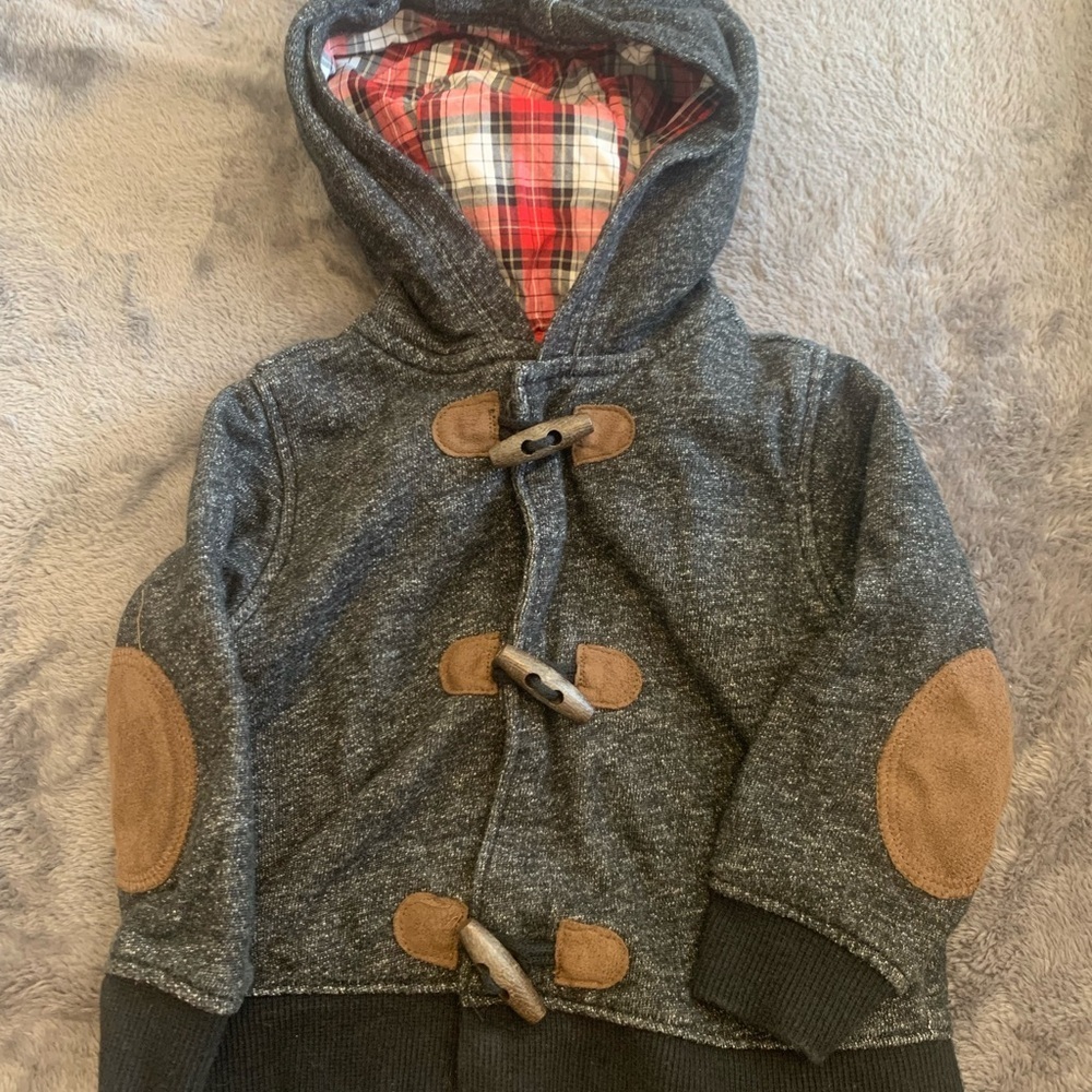 Carter's grey and black hooded jacket with plaid design in hood size 12 months